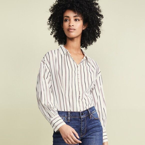 NWT Joie Minya Cream Blue Striped Button Blouse - Picture 1 of 13